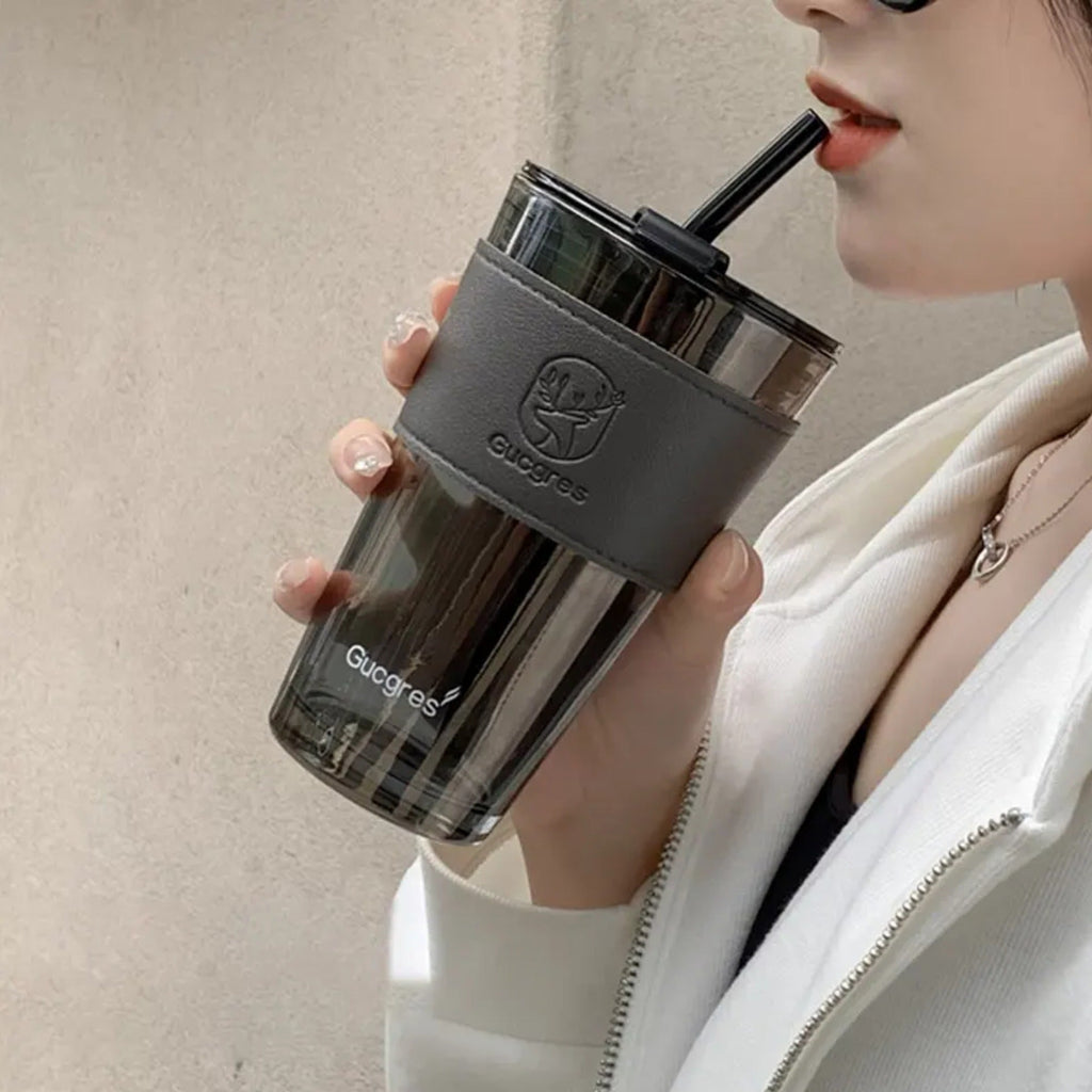 Double Walled Glass Tumbler with Straw & Leather Sleeve