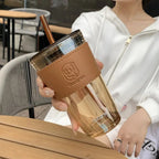 Double Walled Glass Tumbler with Straw & Leather Sleeve